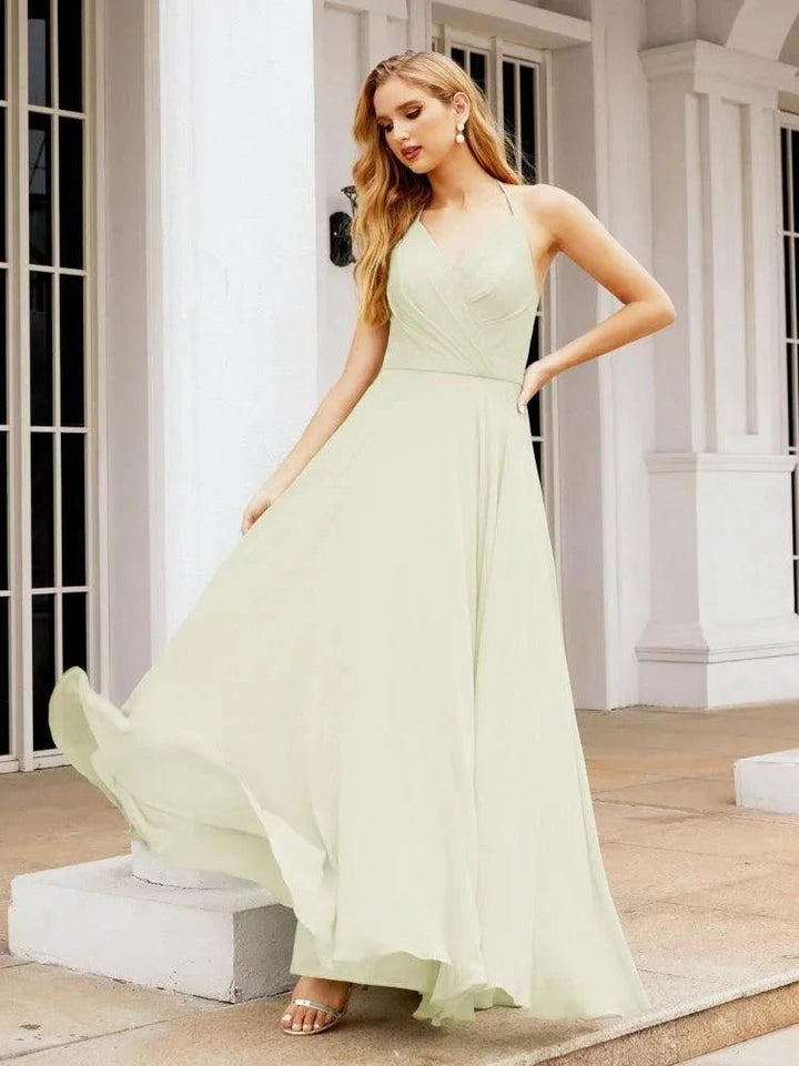 Numbersea Halter Chiffon Bridesmaid Dresses Wedding Appare Sleeveless Formal Prom Dress with Ruffled Back 28035 by numbersea