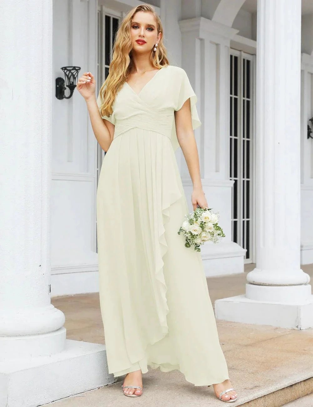 Numbersea Chiffon Bridesmaid Dresses Long Formal Evening Prom Mother of The Bride Dress with Flutter Sleeve SEA28040 by numbersea