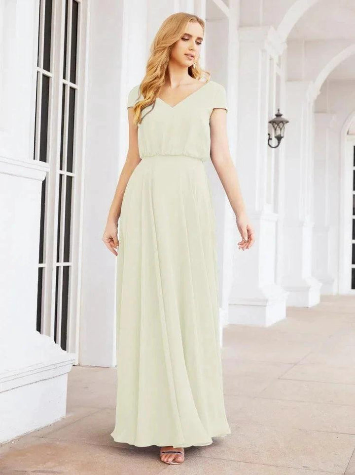 Numbersea V-Neck Bridesmaid Dresses Long Cap Sleeves Prom Evening Formal Gowns 28071 by numbersea