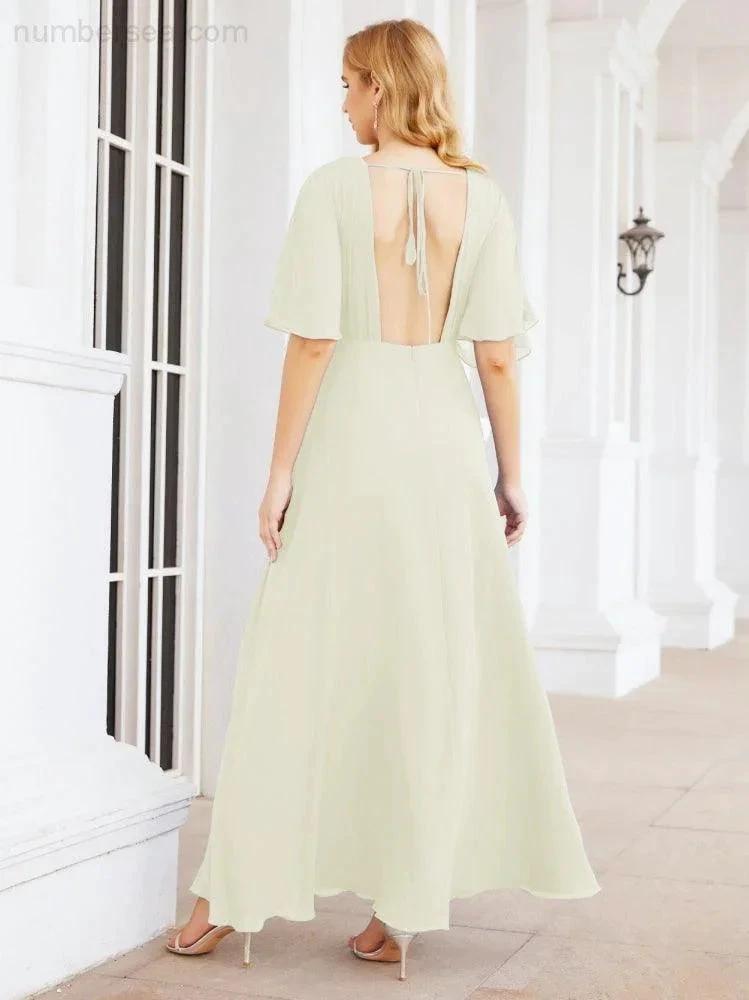 Numbersea V-Neck Bridesmaid Dress Chiffon Long Open Back Formal Dresses for Women Party Evening 28067 by numbersea