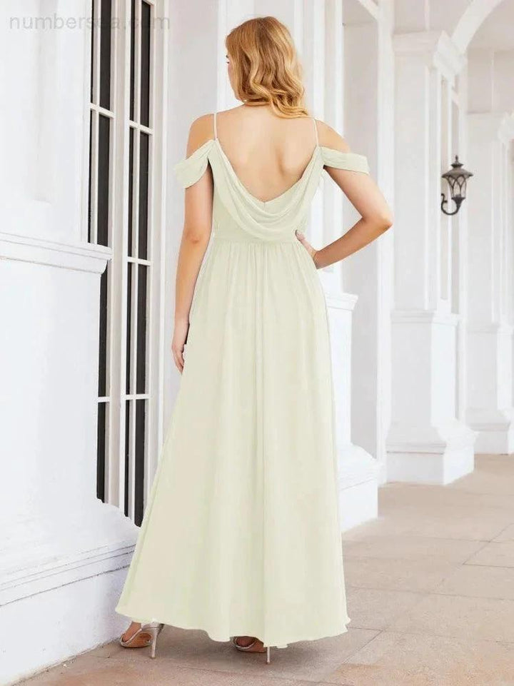 Numbersea Off The Shoulder Chiffon Bridesmaid Dress Long Formal Graduation Gown with Cowl Back 28069 by numbersea