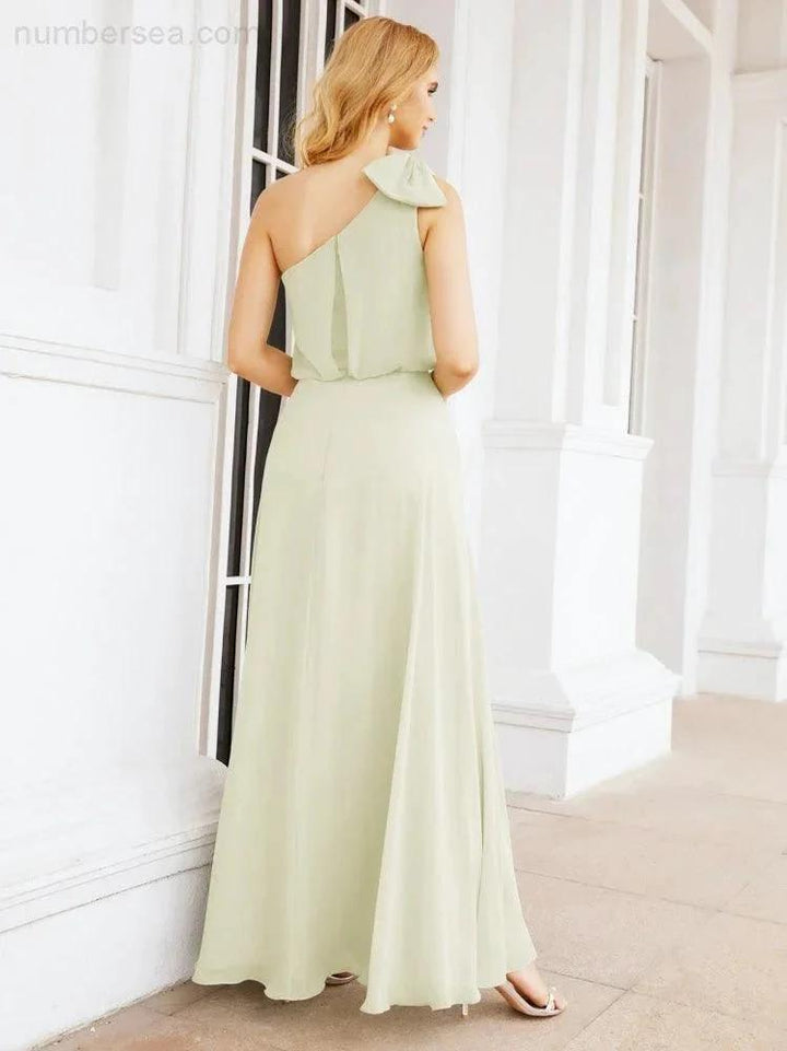 Numbersea Chiffon Ruffled One Shoulder Sleeveless Long Bride Dresses A-line Formal Evening Gown Side Split 28057 by numbersea
