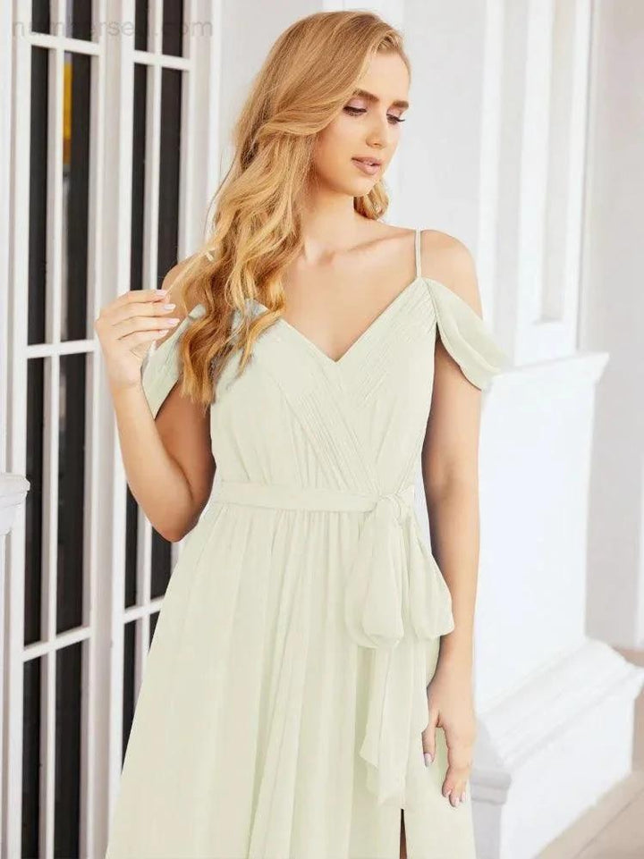 Numbersea Off The Shoulder Chiffon Bridesmaid Dress Long Formal Graduation Gown with Cowl Back 28069 by numbersea