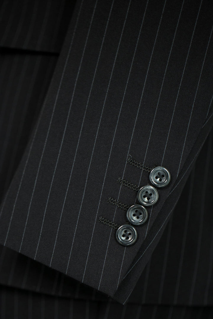 Black Pinstripe Wool Double-Breasted 3-Piece Wedding Suit | Tailored Groom &amp; Groomsmen Attire by 男装