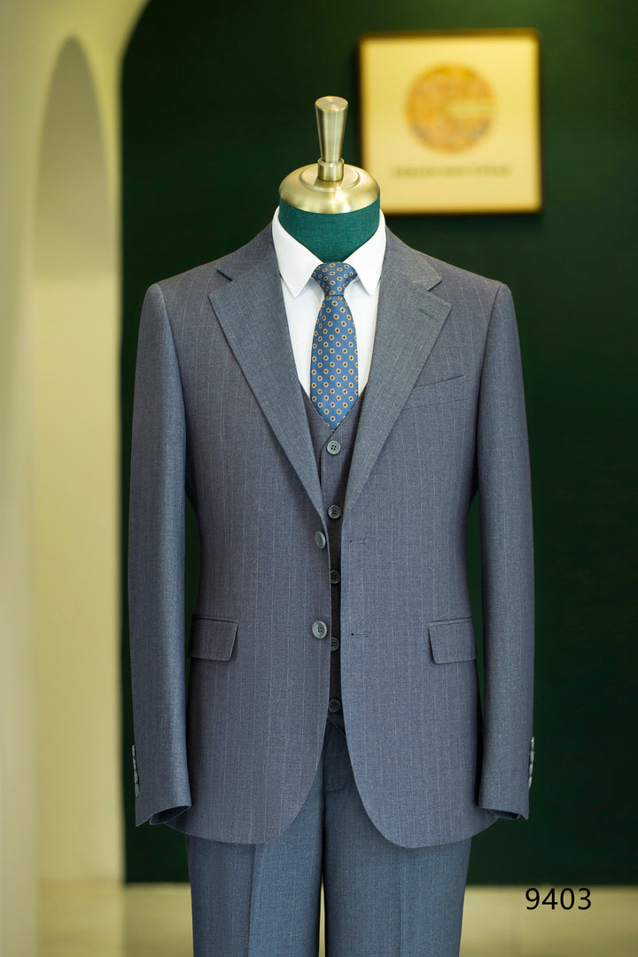 Three-Piece Subtle Pinstripe Grey Wool Suit | Tailored Formal Groom &amp; Business Suit by 男装