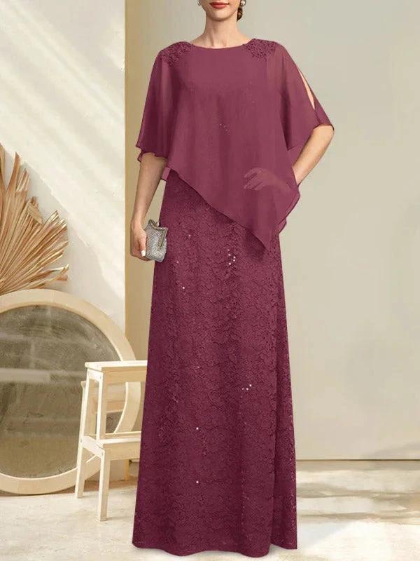 Sheath/Column Scoop Floor-Length Chiffon Lace Mother of the Bride Dress With Sequins Beading by Dreamylily