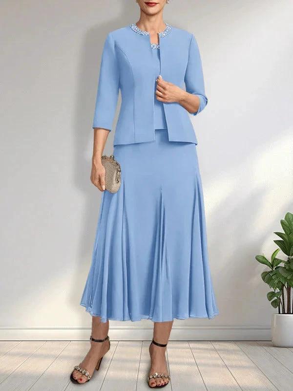 Separates A-line Scoop Tea-Length Chiffon Mother of the Bride Dress With Sequins Beading by Dreamylily