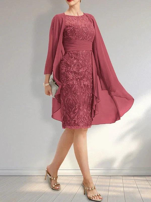 Sheath Scoop Illusion Knee-Length Lace Chiffon Mother of the Bride Dress With Cascading Ruffles Sequins by Dreamylily