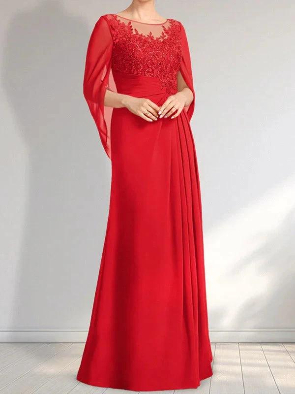 A-line Scoop Illusion Floor-Length Lace Chiffon Mother of the Bride Dress With Pleated Sequins by Dreamylily