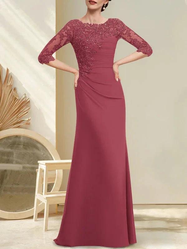 A-line Scoop Floor-Length Chiffon Lace Mother of the Bride Dress With Beading Pleated Sequins by Dreamylily