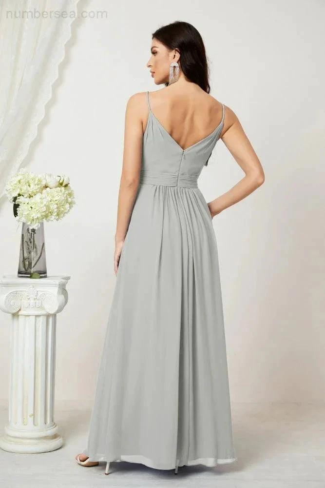 Numbersea Chiffon V-Neck Bridesmaid Dress Spaghetti Strap Long Formal Party Prom Gowns with Slit 28010 by numbersea