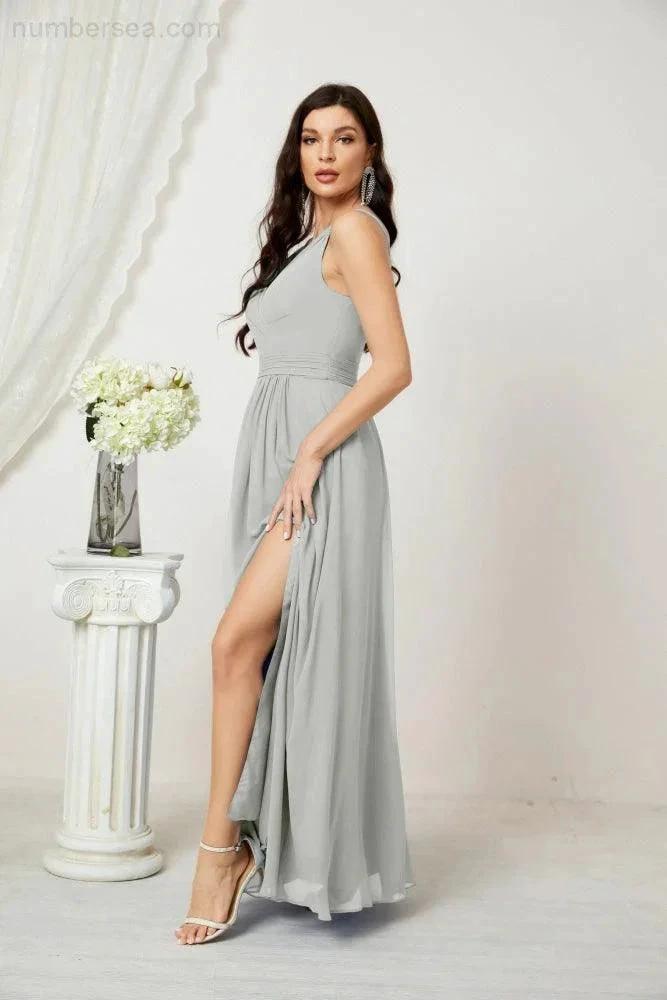 Numbersea Chiffon V-Neck Bridesmaid Dress Spaghetti Strap Long Formal Party Prom Gowns with Slit 28010 by numbersea