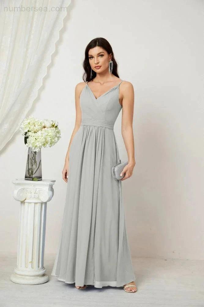 Numbersea Chiffon V-Neck Bridesmaid Dress Spaghetti Strap Long Formal Party Prom Gowns with Slit 28010 by numbersea
