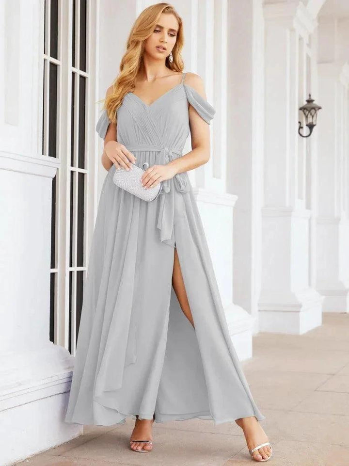 Numbersea Off The Shoulder Chiffon Bridesmaid Dress Long Formal Graduation Gown with Cowl Back 28069 by numbersea