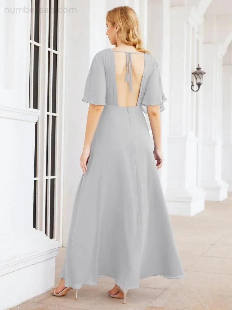 Numbersea V-Neck Bridesmaid Dress Chiffon Long Open Back Formal Dresses for Women Party Evening 28067 by numbersea