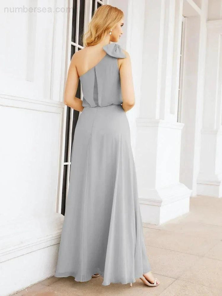 Numbersea Chiffon Ruffled One Shoulder Sleeveless Long Bride Dresses A-line Formal Evening Gown Side Split 28057 by numbersea