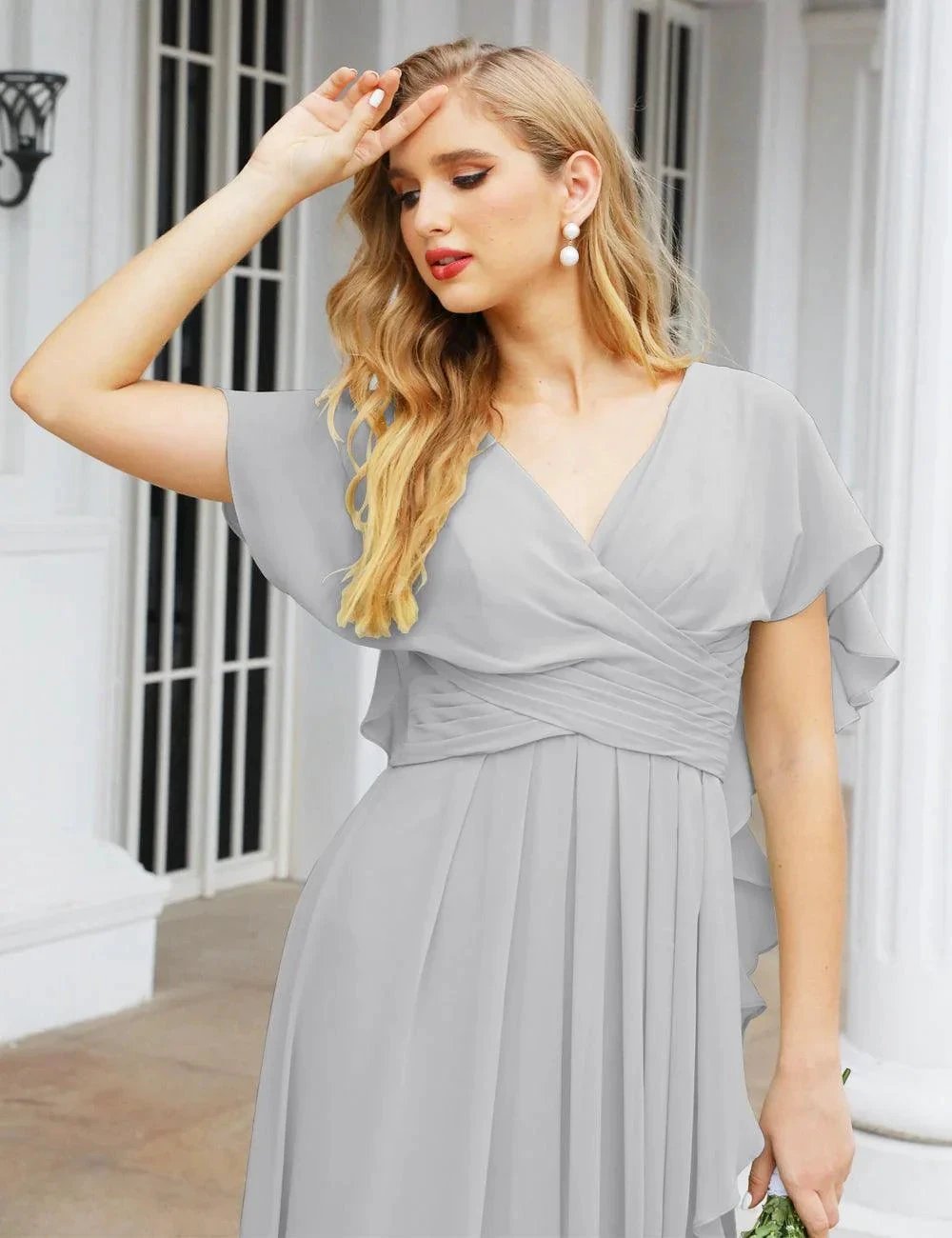 Numbersea Chiffon Bridesmaid Dresses Long Formal Evening Prom Mother of The Bride Dress with Flutter Sleeve SEA28040 by numbersea