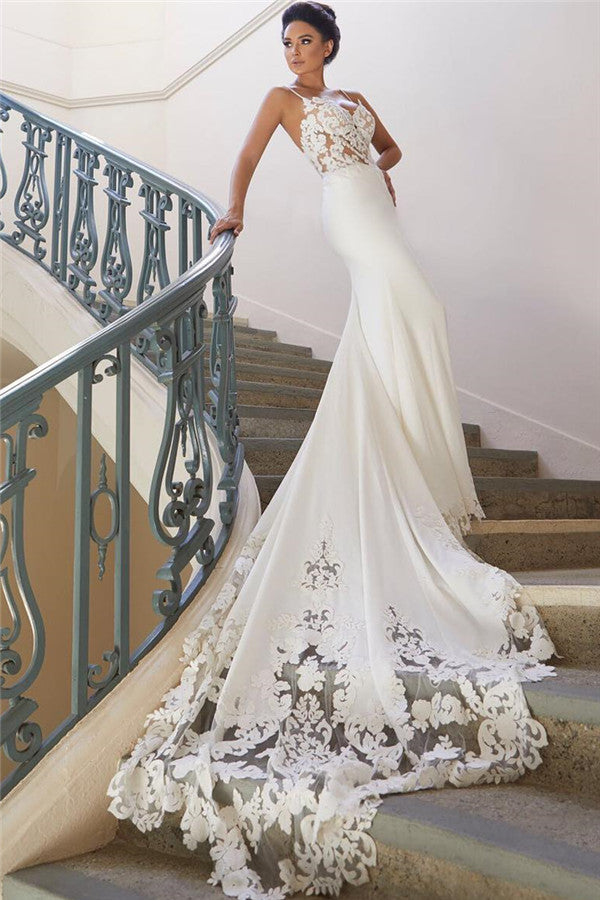 Bmbridal Spaghetti-Straps Lace Wedding Dress Mermaid Sleeveless