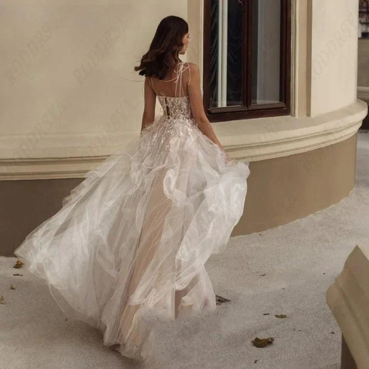 Elegant Spaghetti Straps Wedding Dress Sexy Lace Up Backless Robe De Mariée Romantic Square Collar Tulle Bridal Gowns by payinti