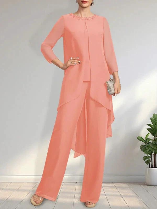 Separates Jumpsuit/Pantsuit Scoop Floor-Length Chiffon Mother of the Bride Dress With Sequins Beading by Dreamylily