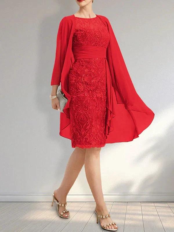 Sheath Scoop Illusion Knee-Length Lace Chiffon Mother of the Bride Dress With Cascading Ruffles Sequins by Dreamylily