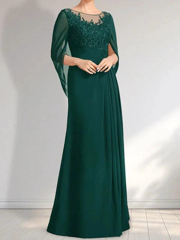 A-line Scoop Illusion Floor-Length Lace Chiffon Mother of the Bride Dress With Pleated Sequins by Dreamylily