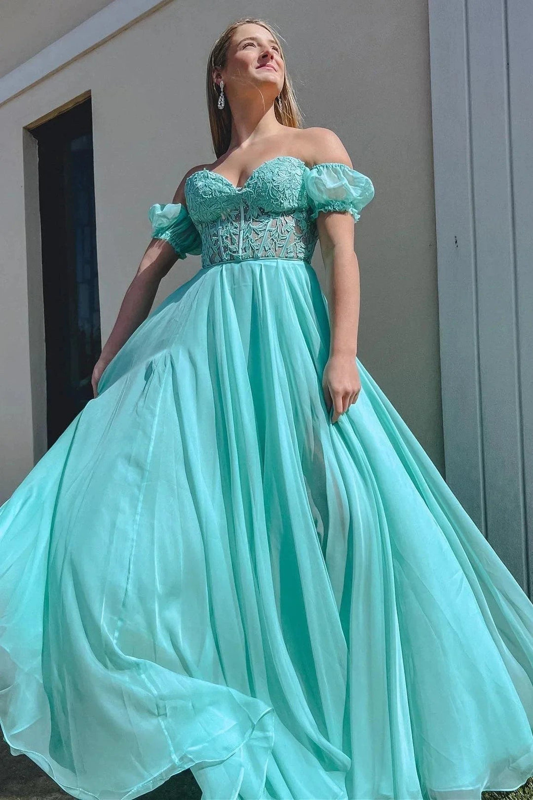 Rachel |A line Sweetheart Chiffon Prom Dress with Puff Sleeves by KissProm