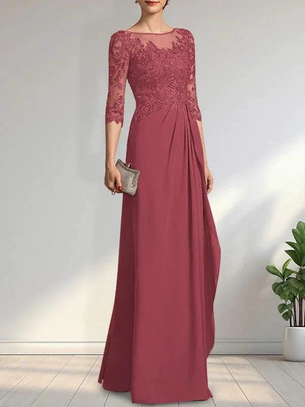 A-line Scoop Illusion Floor-Length Chiffon Lace Mother of the Bride Dress With Beading Sequins Cascading Ruffles by Dreamylily