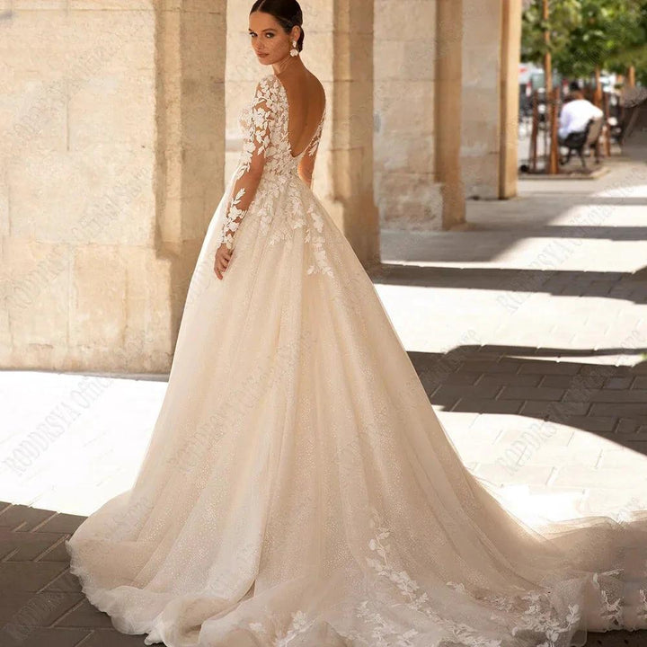 Exquisite Wedding Dresses Long Sleeves Sexy Backless Bride Gowns Applique Princess Tulle A-Line vestidos de novia by payinti