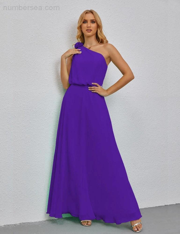 Ruffled One Shoulder Sleeveless Long Bridesmaid Dresses A-line Formal Evening Gown Side Split 28080 by numbersea
