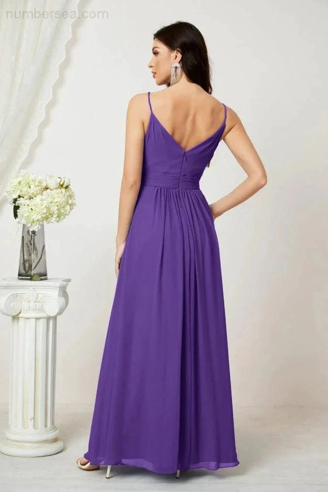 Numbersea Chiffon V-Neck Bridesmaid Dress Spaghetti Strap Long Formal Party Prom Gowns with Slit 28010 by numbersea