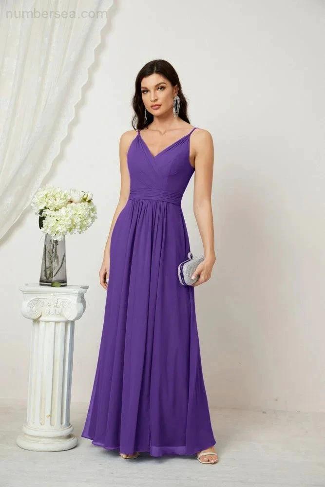 Numbersea Chiffon V-Neck Bridesmaid Dress Spaghetti Strap Long Formal Party Prom Gowns with Slit 28010 by numbersea