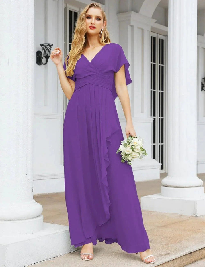 Numbersea Chiffon Bridesmaid Dresses Long Formal Evening Prom Mother of The Bride Dress with Flutter Sleeve SEA28040 by numbersea