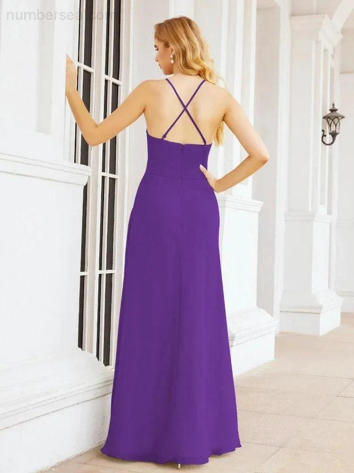 Numbersea Halter Bridesmaid Dresses with Pockets Sleeveless Formal Evening Party Prom Gowns 28055 by numbersea