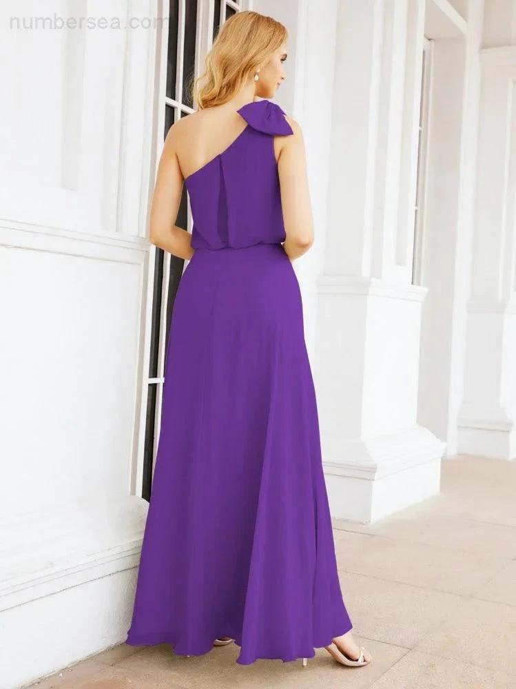 Numbersea Chiffon Ruffled One Shoulder Sleeveless Long Bride Dresses A-line Formal Evening Gown Side Split 28057 by numbersea
