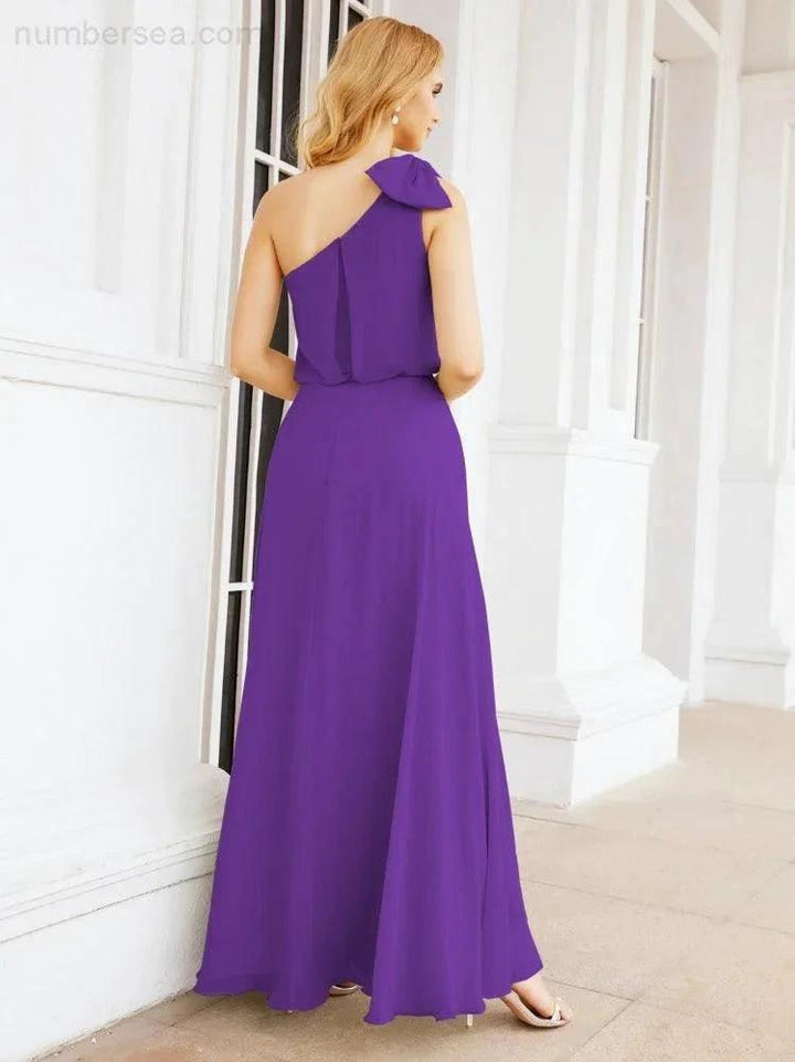 Numbersea Chiffon Ruffled One Shoulder Sleeveless Long Bride Dresses A-line Formal Evening Gown Side Split 28057 by numbersea
