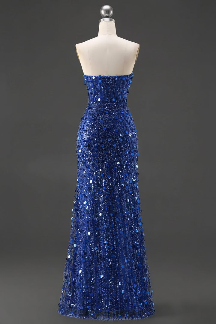 Sparkly Gold Mermaid Sequins Sweetheart Long Corset Prom Dress with Slit