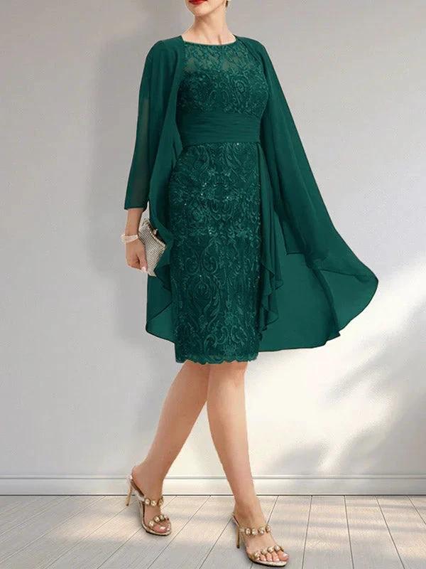Sheath Scoop Illusion Knee-Length Lace Chiffon Mother of the Bride Dress With Cascading Ruffles Sequins by Dreamylily