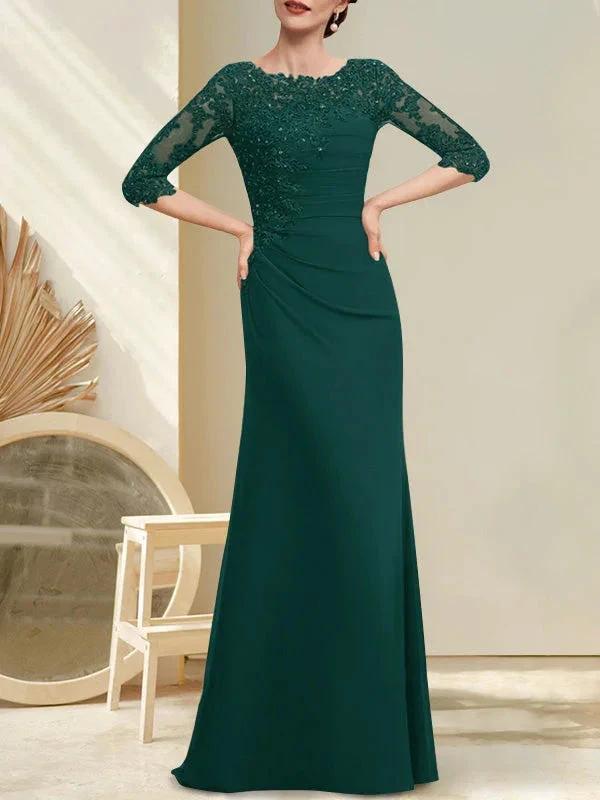 A-line Scoop Floor-Length Chiffon Lace Mother of the Bride Dress With Beading Pleated Sequins by Dreamylily