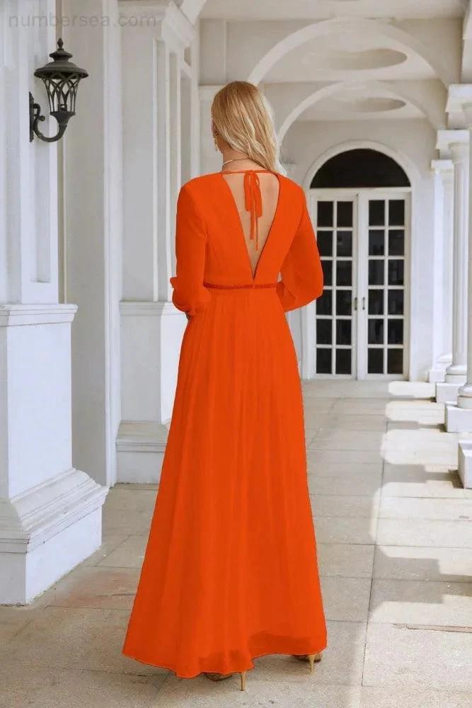 Ladies V Neck Chiffon Long Sleeve Front Slit Bridesmaid Evening Dress Wedding Party Shopping Evening Dress 28109 by numbersea