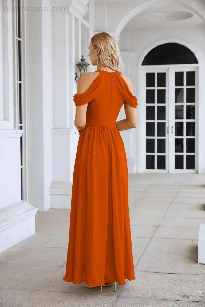 Ladies Chiffon Off Shoulder Swing Sleeve Front Slit Bridesmaid Evening Dress Wedding Party Evening Dress 28117 by numbersea