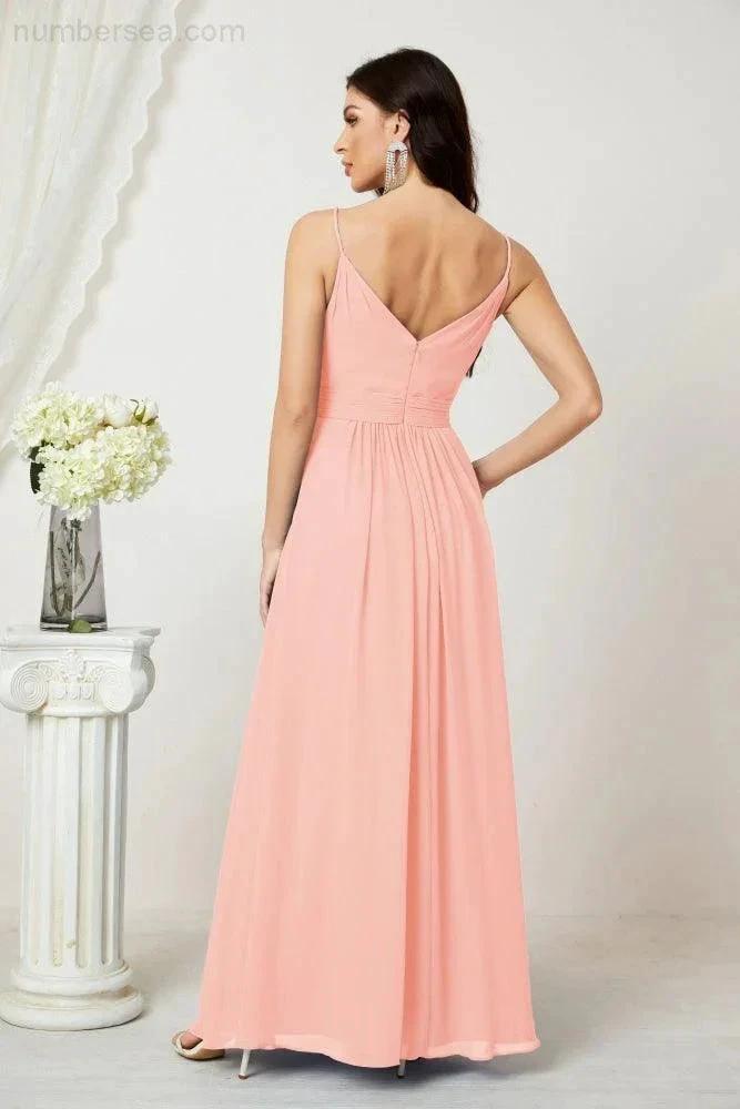Numbersea Chiffon V-Neck Bridesmaid Dress Spaghetti Strap Long Formal Party Prom Gowns with Slit 28010 by numbersea