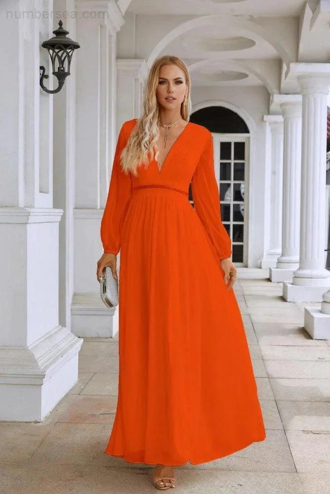 Ladies V Neck Chiffon Long Sleeve Front Slit Bridesmaid Evening Dress Wedding Party Shopping Evening Dress 28109 by numbersea