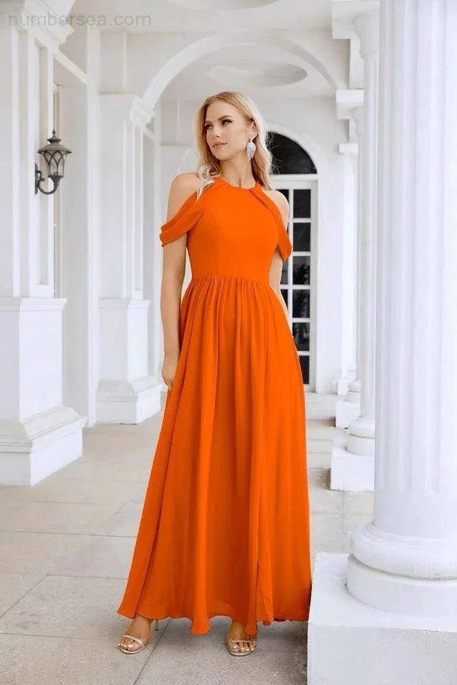 Ladies Chiffon Off Shoulder Swing Sleeve Front Slit Bridesmaid Evening Dress Wedding Party Evening Dress 28117 by numbersea