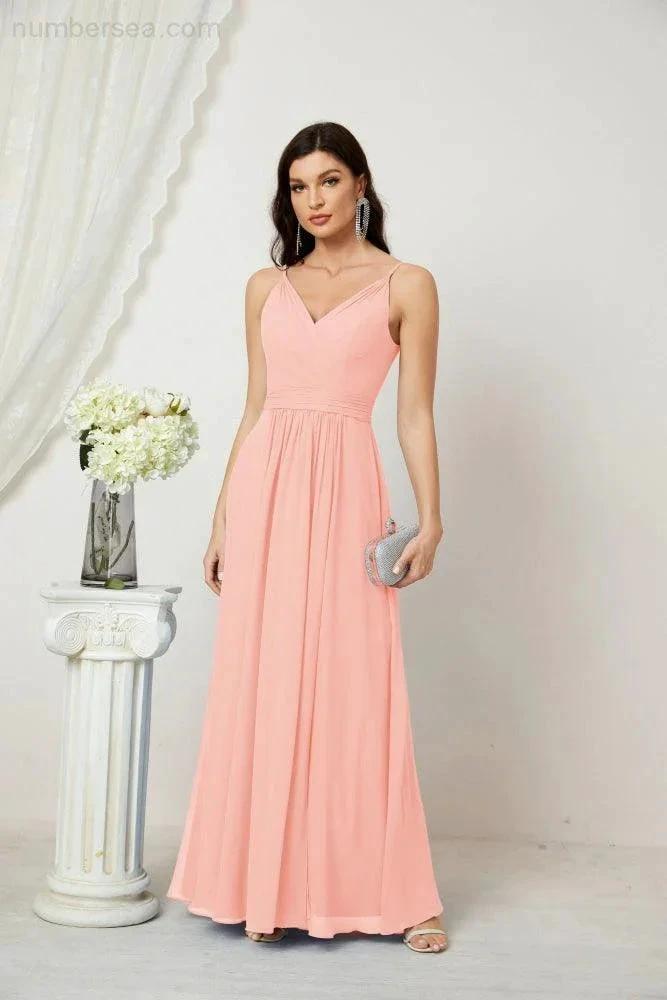 Numbersea Chiffon V-Neck Bridesmaid Dress Spaghetti Strap Long Formal Party Prom Gowns with Slit 28010 by numbersea
