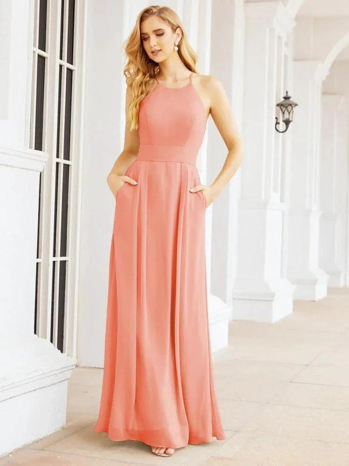 Numbersea Halter Bridesmaid Dresses with Pockets Sleeveless Formal Evening Party Prom Gowns 28055 by numbersea