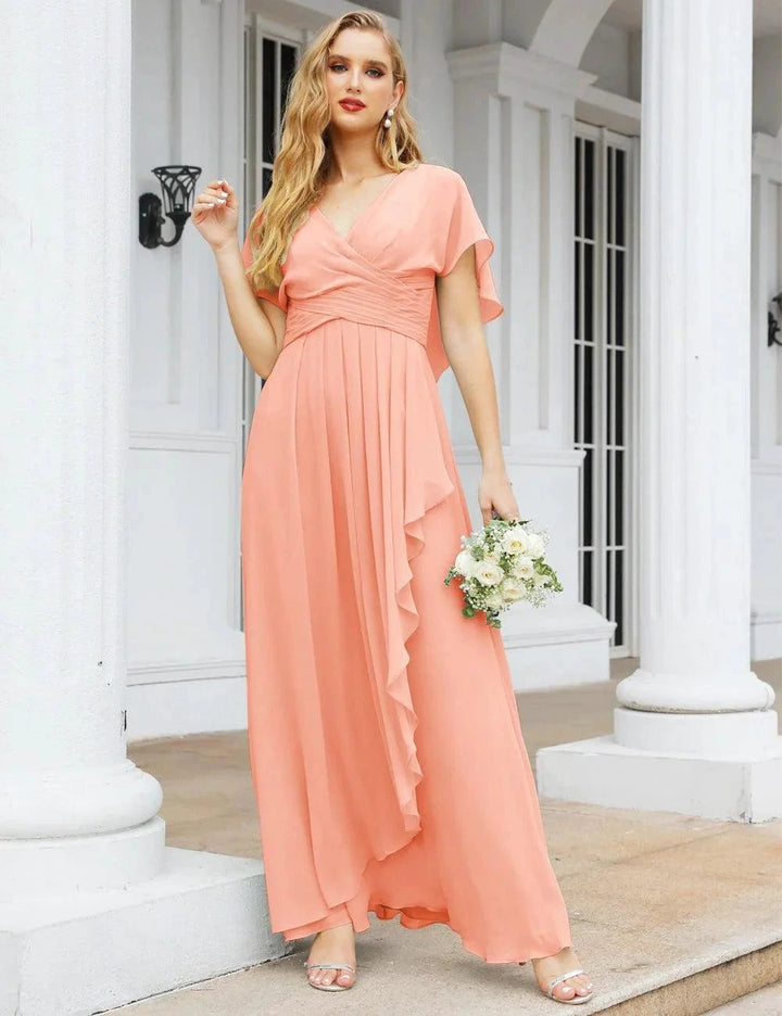 Numbersea Chiffon Bridesmaid Dresses Long Formal Evening Prom Mother of The Bride Dress with Flutter Sleeve SEA28040 by numbersea