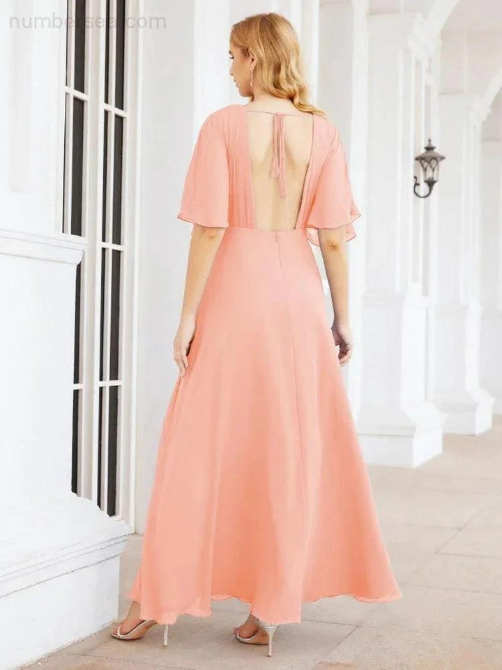 Numbersea V-Neck Bridesmaid Dress Chiffon Long Open Back Formal Dresses for Women Party Evening 28067 by numbersea