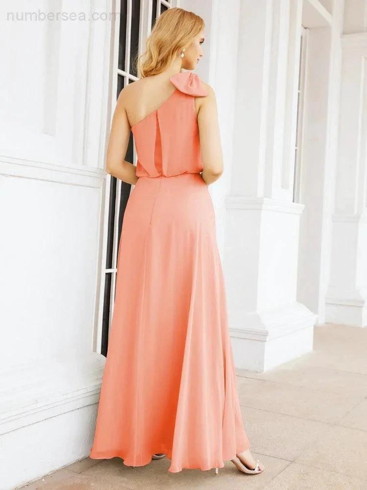 Numbersea Chiffon Ruffled One Shoulder Sleeveless Long Bride Dresses A-line Formal Evening Gown Side Split 28057 by numbersea