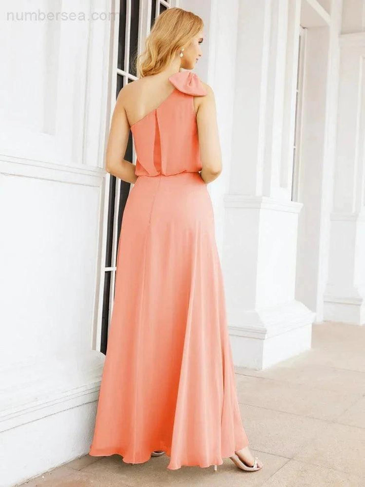 Numbersea Chiffon Ruffled One Shoulder Sleeveless Long Bride Dresses A-line Formal Evening Gown Side Split 28057 by numbersea